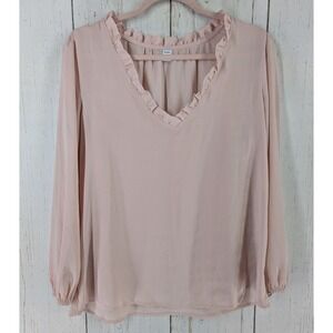 Old Navy Size Medium Womens Pink Ruffle Collar V Neck Long‎ Sleeve Blouse